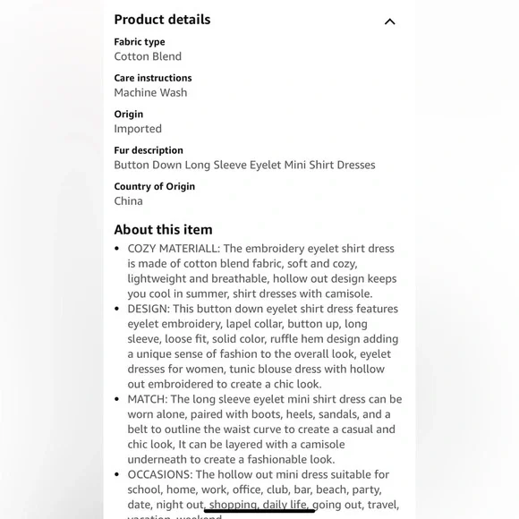 Embroidery Eyelet Shirt Dress Button Down Long Sleeve  Mini Shirt Dress new - Picture 4 of 7